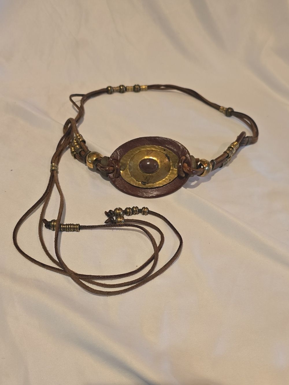 Brown Leather Waist Belt with Brass Accent and Center Gem